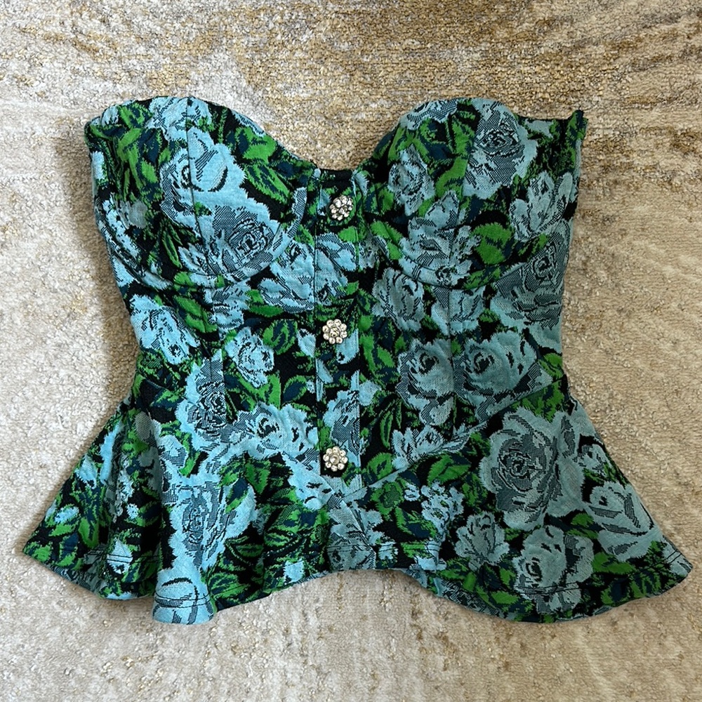 Zara Green and Blue Knit Jacquard Floral Bustier Top